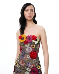Isolde 3D Floral Embroidered Maxi Dress - Black Multi