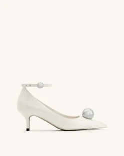 Jewel Buckle Kitten Heels Pumps - White