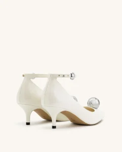 Jewel Buckle Kitten Heels Pumps - White