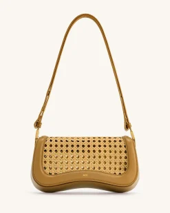 Joy Faux Bamboo Woven Shoulder Bag - Brown