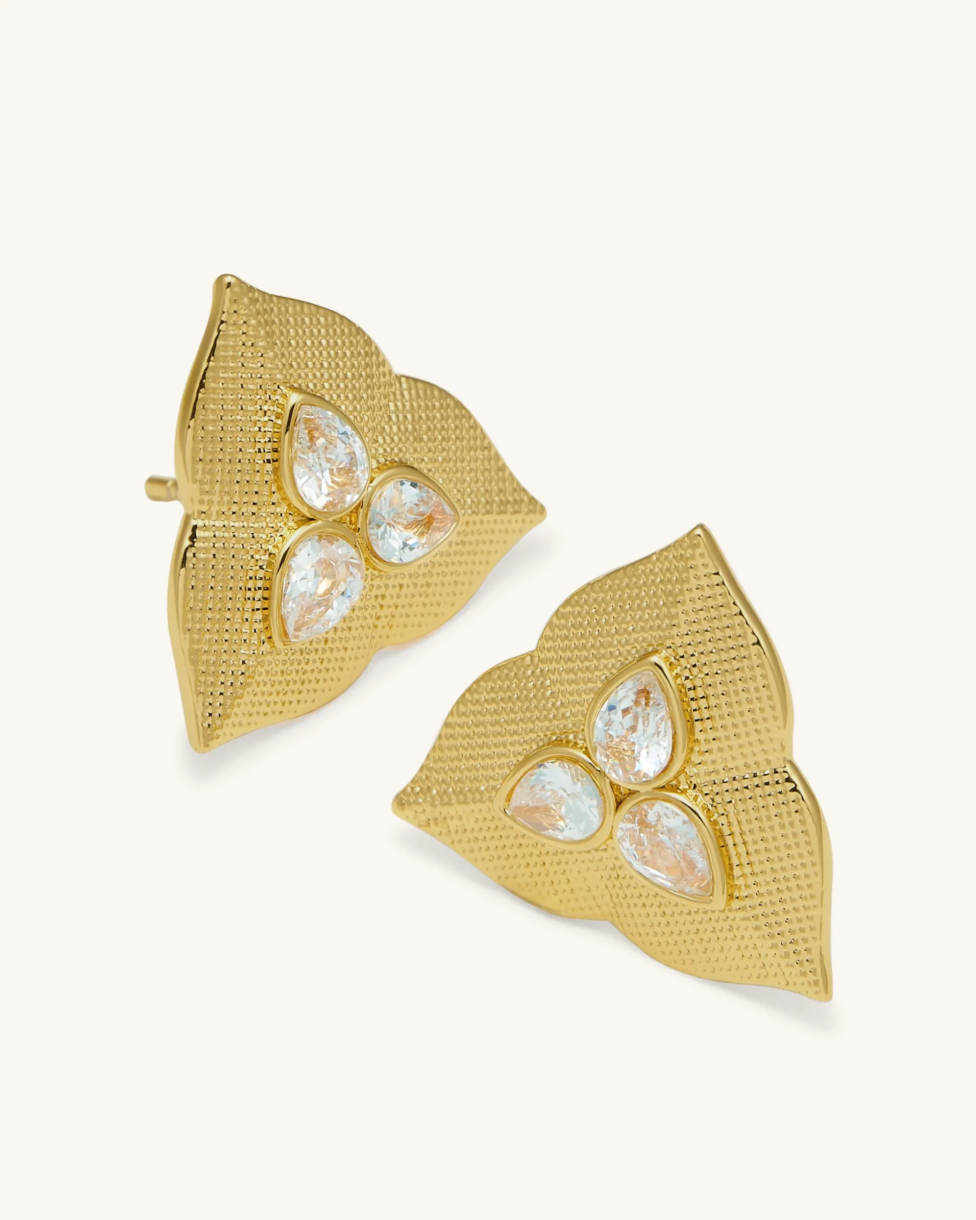 Leaf Earrings - 18ct Gold Plated & White Zircon