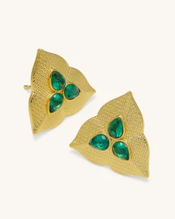 Leaf Earrings - 18ct Gold Plated & Dark Green Zircon