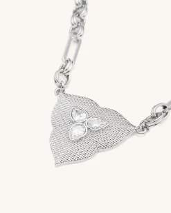 Leaf Pendant Necklace - 18ct White Gold Plated & White Zircon
