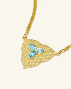 Leaf Pendant Necklace - 18ct Gold Plated & Aquamarine Zircon
