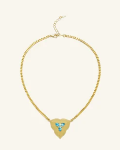 Leaf Pendant Necklace - 18ct Gold Plated & Aquamarine Zircon