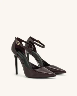 Leah Croc-Embossed Ankle Strap Heels - Burgundy