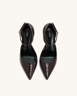 Leah Croc-Embossed Ankle Strap Heels - Burgundy