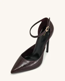 Leah Croc-Embossed Ankle Strap Heels - Burgundy