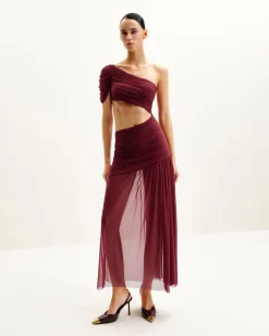 Mia Pleated Mesh Dress - Burgundy