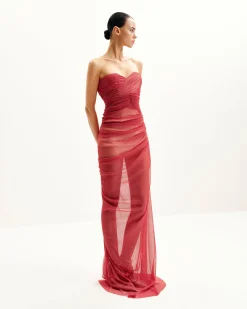 Mia Strapless Sheer Glitter Gown - Scarlet