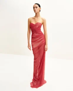 Mia Strapless Sheer Glitter Gown - Scarlet
