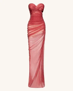 Mia Strapless Sheer Glitter Gown - Scarlet
