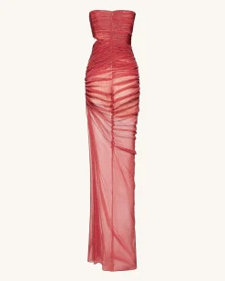 Mia Strapless Sheer Glitter Gown - Scarlet