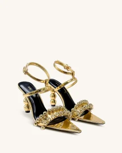 Mia Strappy High Heels With Beaded Detail - Gold