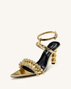 Mia Strappy High Heels With Beaded Detail - Gold