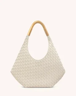 Olivia Hand-Woven Metal Handle Hobo Bag - White