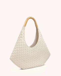 Olivia Hand-Woven Metal Handle Hobo Bag - White