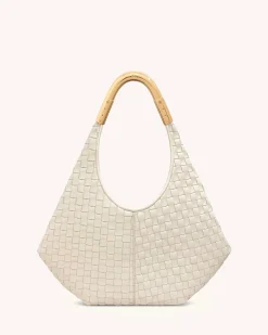Olivia Hand-Woven Metal Handle Hobo Bag - White