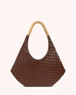 Olivia Hand-Woven Metal Handle Hobo Bag - Brown