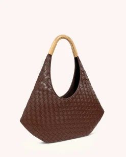 Olivia Hand-Woven Metal Handle Hobo Bag - Brown