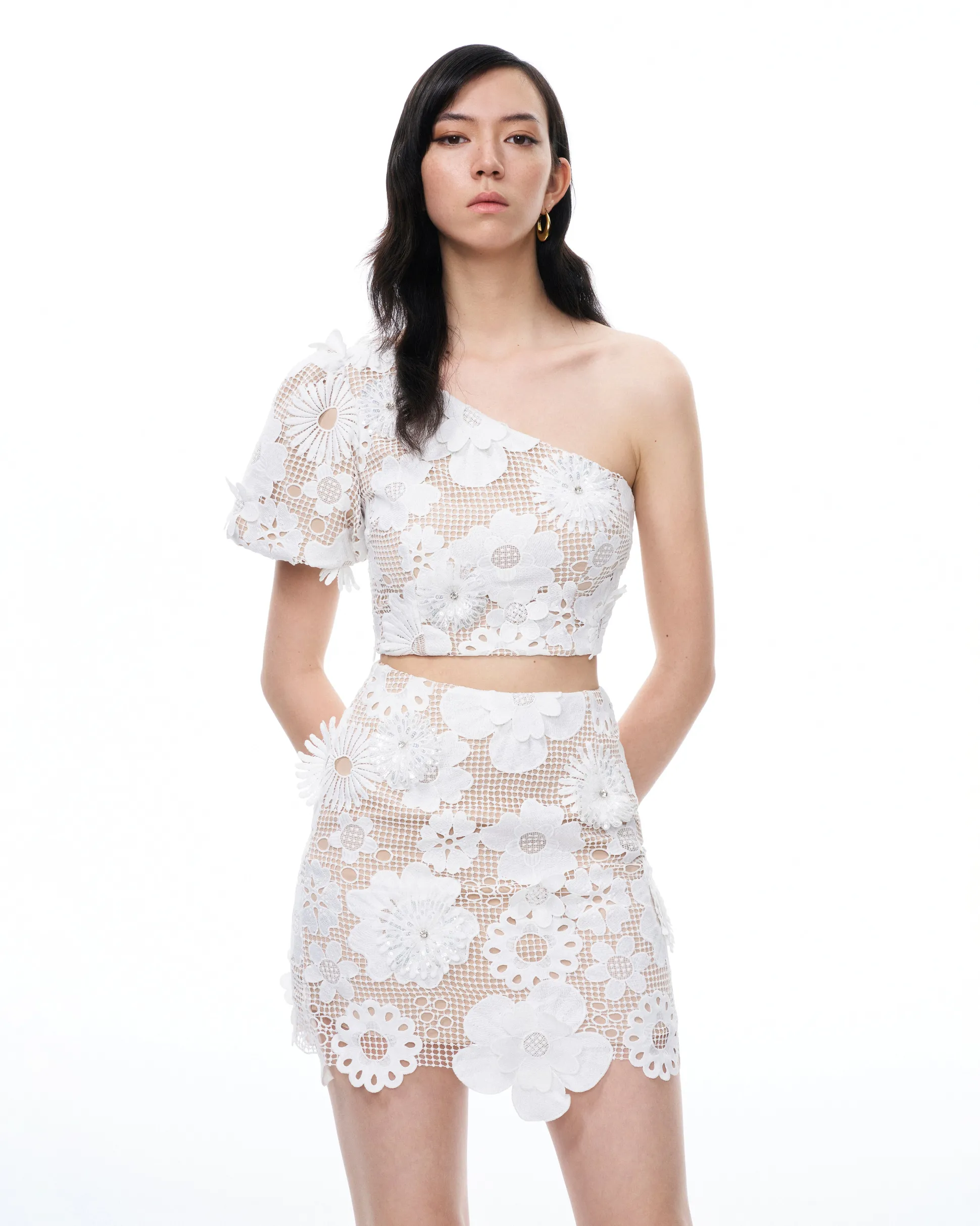 Ophelia One-shoulder Embroidered Iace Dress Suit - White