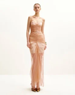 Piper Draped Mesh Evening Gown - Cinnamon