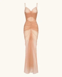 Piper Draped Mesh Evening Gown - Cinnamon