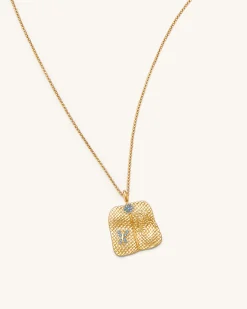 Plantain Fan Pendant Necklace - 18ct Gold Plated & Sea Blue Zircon & G