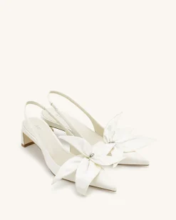 Queena Floral Appliques Slingback Pumps - Ivory White