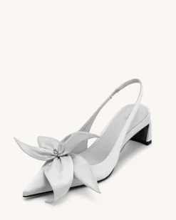Queena Floral Appliques Slingback Pumps - Silver
