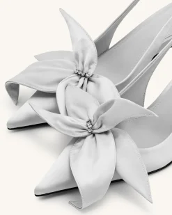 Queena Floral Appliques Slingback Pumps - Silver