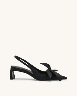 Queena Floral Appliques Slingback Pumps - Black
