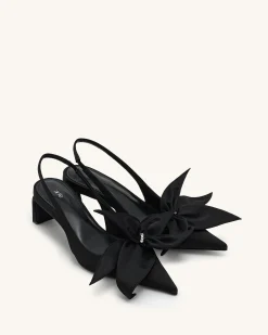 Queena Floral Appliques Slingback Pumps - Black