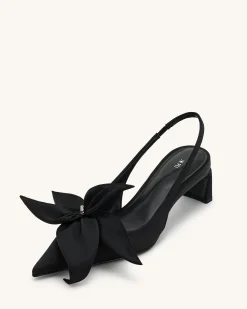 Queena Floral Appliques Slingback Pumps - Black