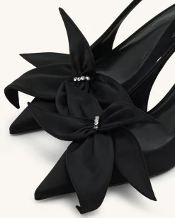 Queena Floral Appliques Slingback Pumps - Black