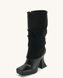 Reyna Square Toe Platform Knit Boots - Black