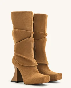 Reyna Square Toe Platform Knit Boots - Brown