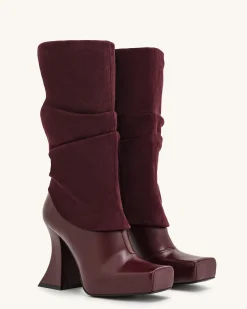 Reyna Square Toe Platform Knit Boots - Claret Red