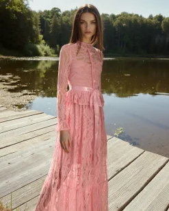 Romantic Lace Long Dress - Pink