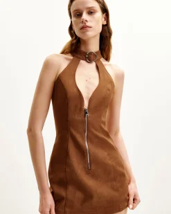 Ruby Halter Neck Zipper Mini Dress - Brown