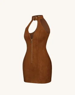 Ruby Halter Neck Zipper Mini Dress - Brown