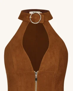 Ruby Halter Neck Zipper Mini Dress - Brown