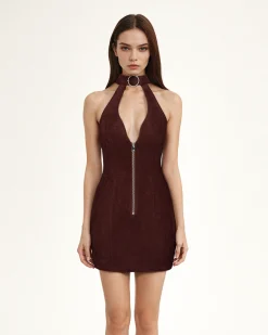 Ruby Halter Neck Zipper Mini Dress - Coffee Red