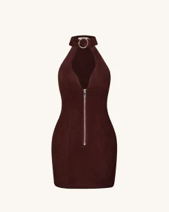 Ruby Halter Neck Zipper Mini Dress - Coffee Red