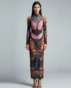 Sheer Butterfly and Beetle Gown - Multicolor