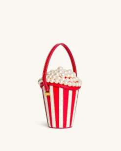 Skylar Faux Pearl Embellished Bucket Bag - Red