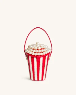 Skylar Faux Pearl Embellished Bucket Bag - Red