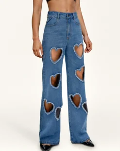 Sophia Embellished Heart Cut-Out Denim Jeans - Medium Blue