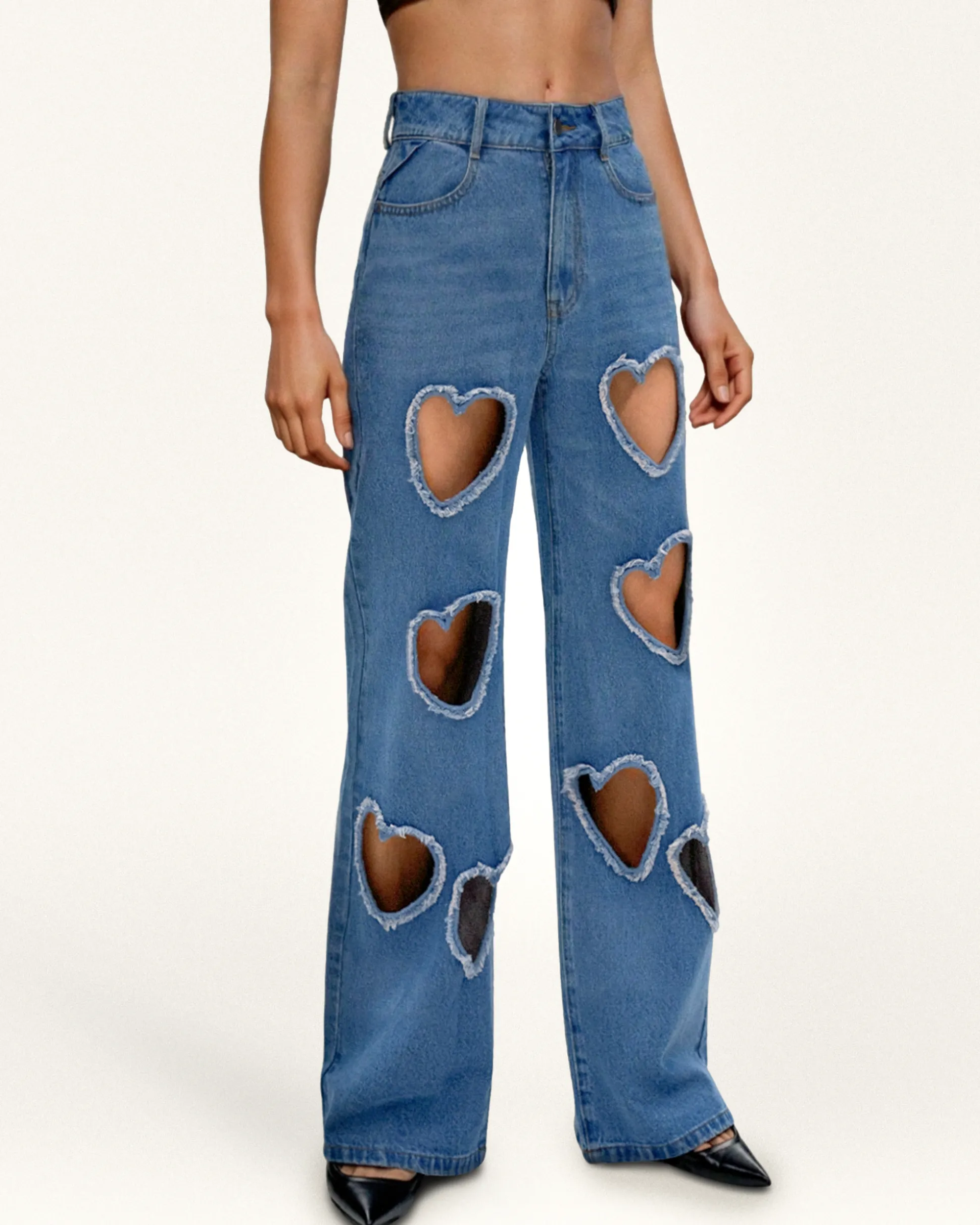 Sophia Embellished Heart Cut-Out Denim Jeans - Medium Blue