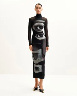 Sophia Eye Print Mesh Dress - Black/White